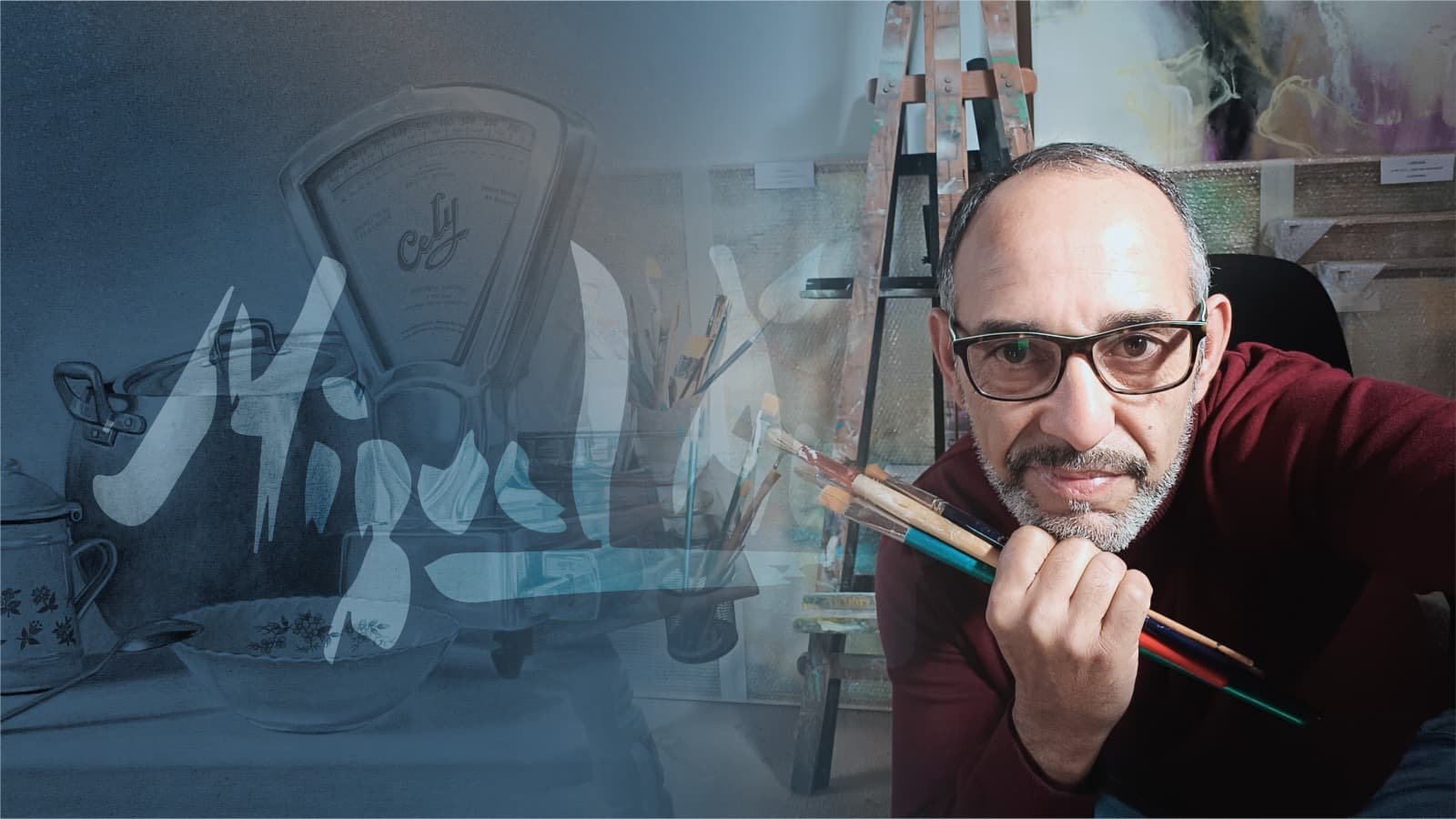 Gráfica promocional del artista Miguel con retrato, firma y obras