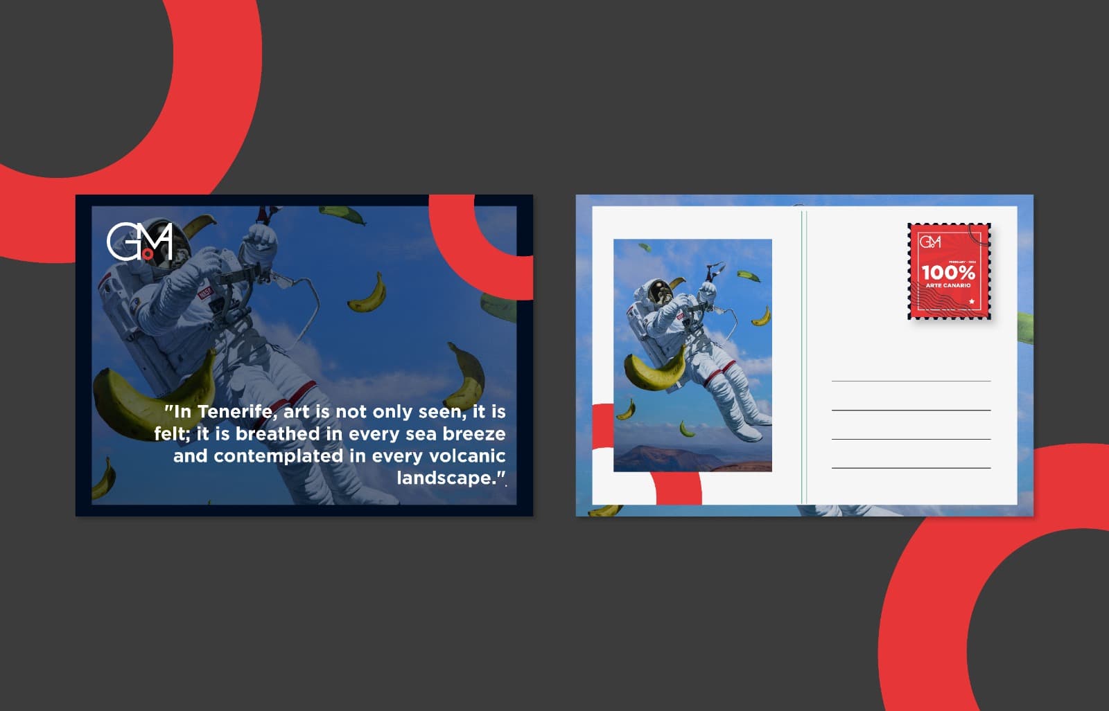 Postal coleccionable de arte con anverso y reverso diseñados y sello 100% Arte Canario