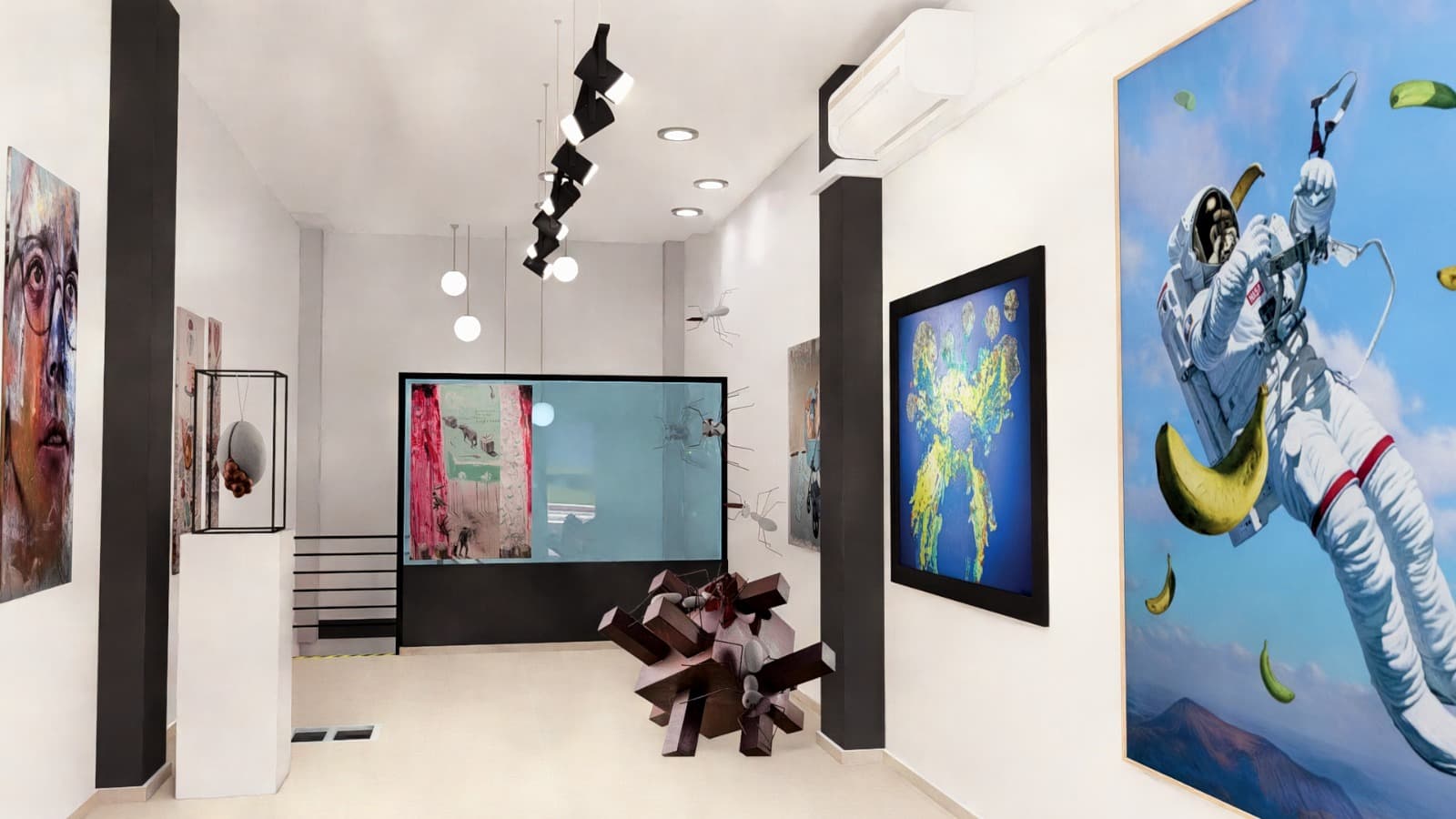 Render 3D fotorrealista del interior de la Galería de Arte Goma con obras y esculturas