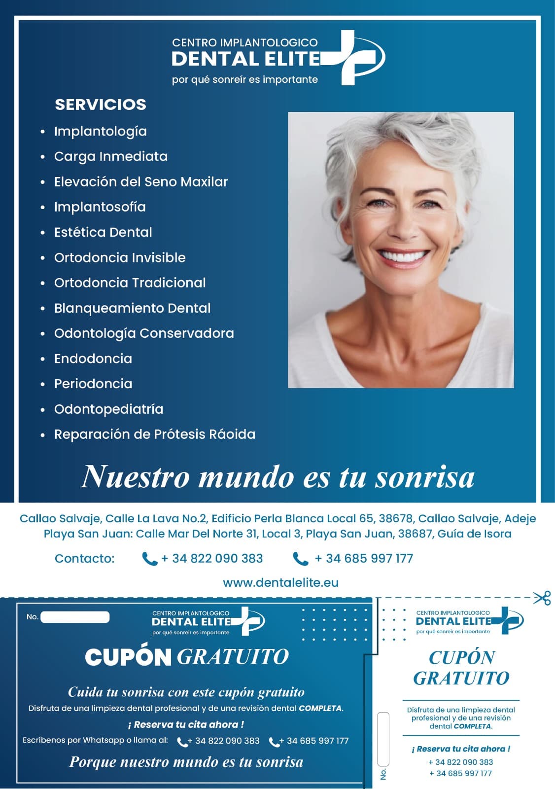 Flyer publicitario con cupón recortable para clínica dental