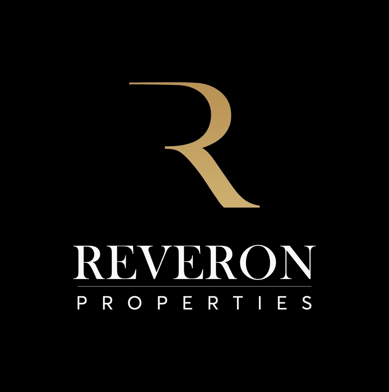 Logotipo en dorado y blanco sobre negro para inmobiliaria Reveron Properties