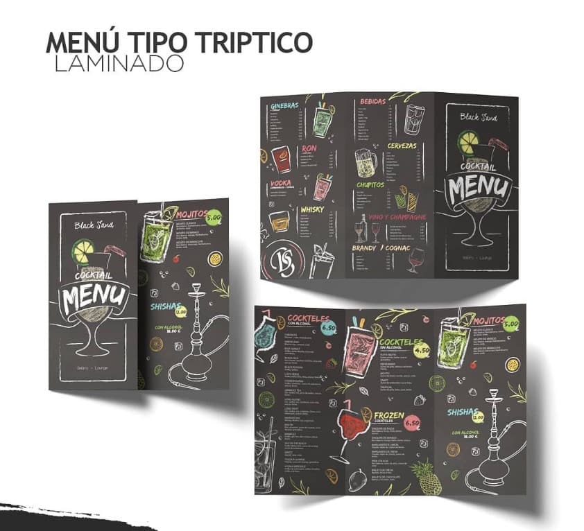 Menú tríptico laminado de cócteles estilo pizarra para Black Sand
